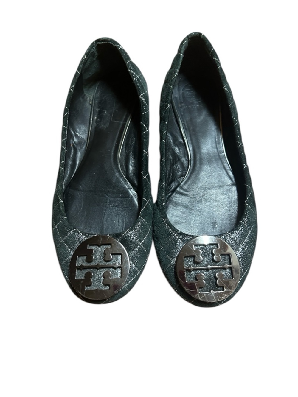 Tory Burch Quilted Black Logo Round-Toe Flats
